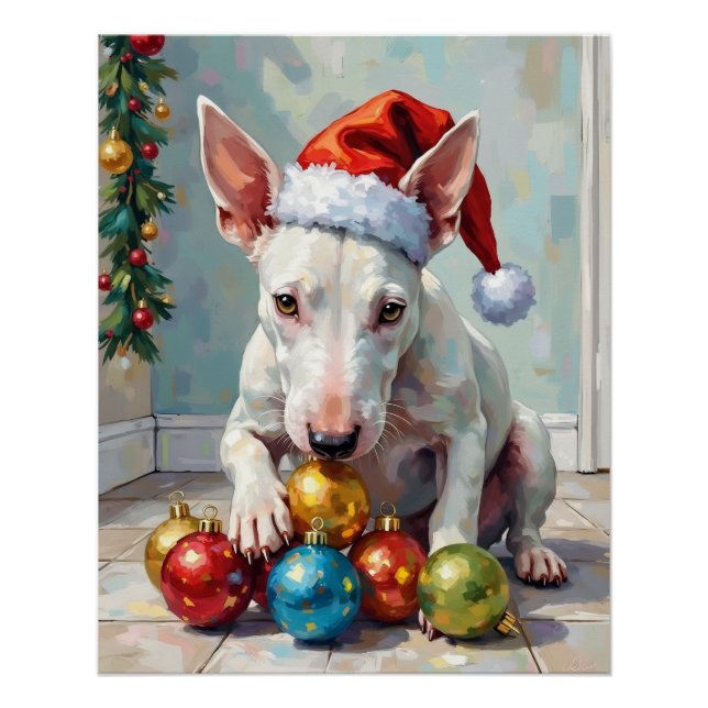 Poster Playful Bull Terrier Dog Guarding Christmas (Devant)
