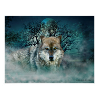 Poster Pleine lune de loup dans le brouillard