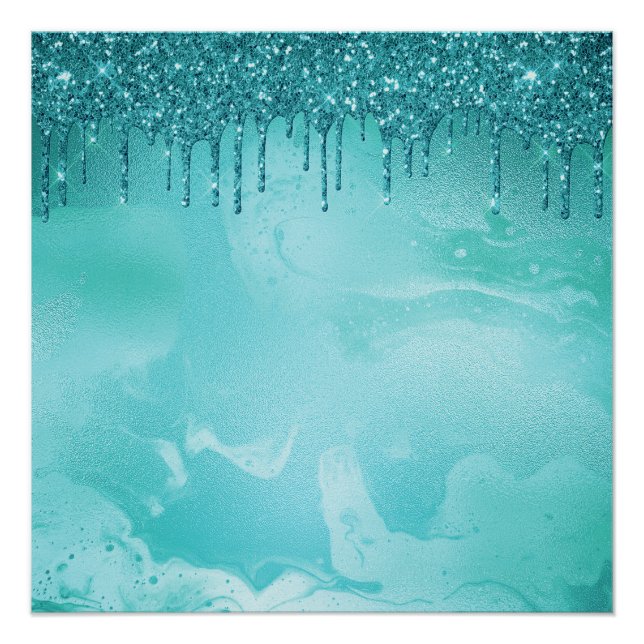 Poster Pluie de Parties scintillant turquoise sur marbre  (Devant)