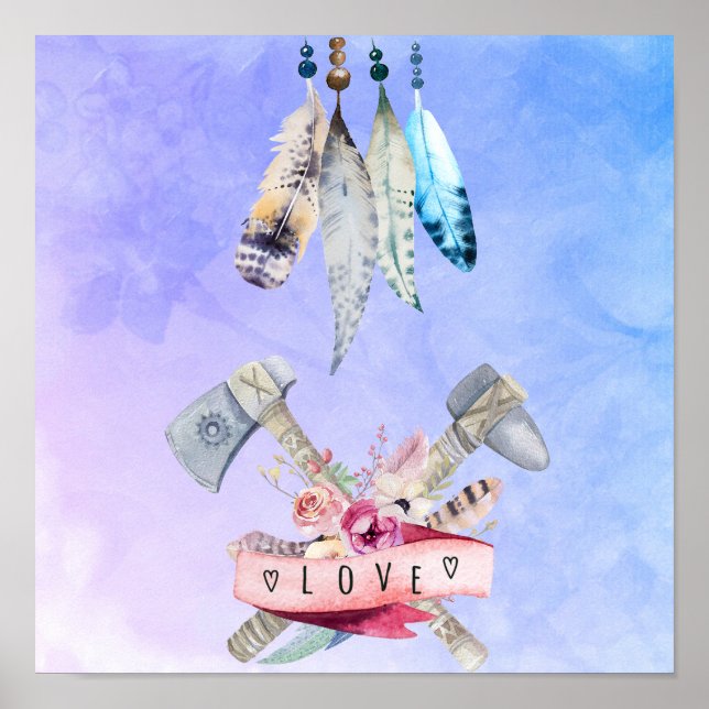 Poster Plumes Fleurs et Amour Aquarelle Design (Devant)