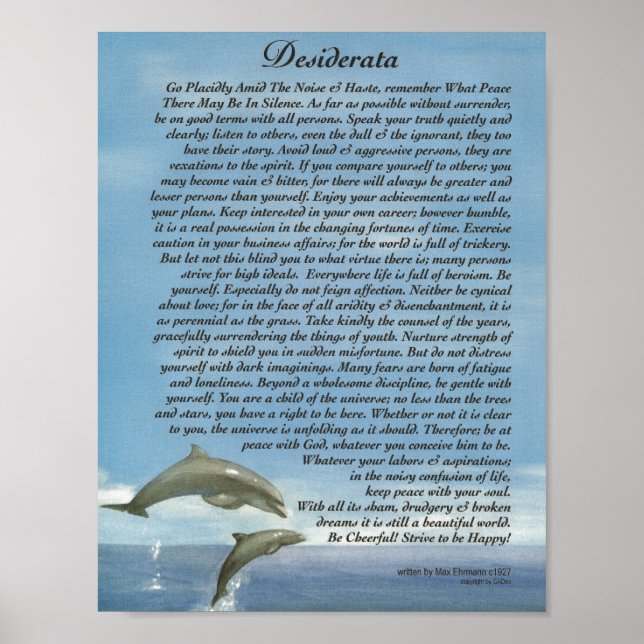 Poster Poème de Desiderata avec des dauphins (Devant)