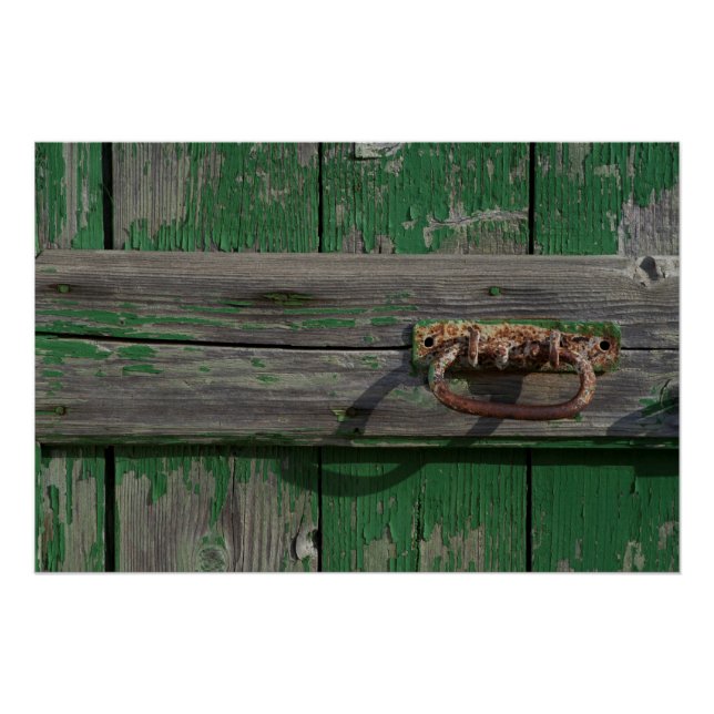 Poster Poignée de porte rouillée sur porte verte (Devant)