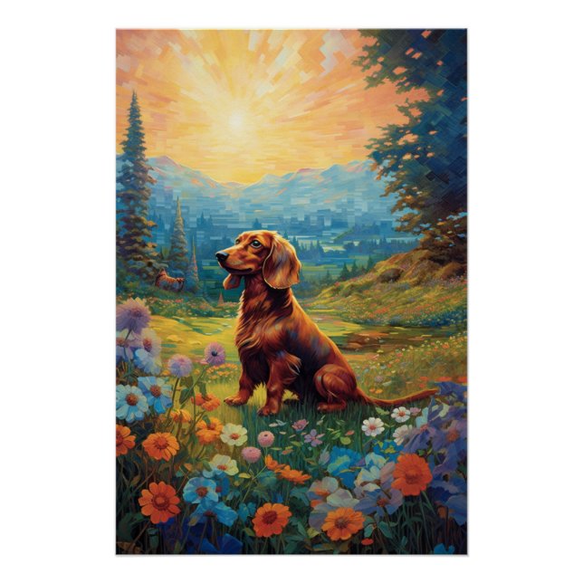Poster Pointillisme Dachshund Exploration D'Une prairie (Devant)