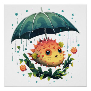 Poster Poisson ballon journée pluvieuse avec parapluie