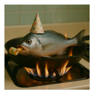 Poster Poisson Dans Une Assiette Avec Casquette Fête Sur