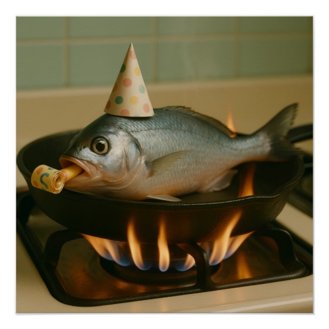 Poster Poisson Dans Une Assiette Avec Casquette Fête Sur (Devant)