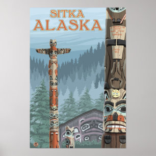Poster Pôles Totem de l'Alaska - Sitka, Alaska