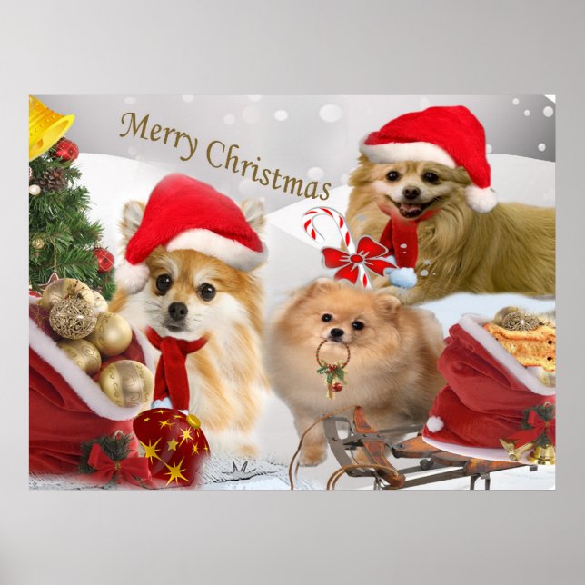 Poster Pomeranian Christmas snow scene Print (Devant)
