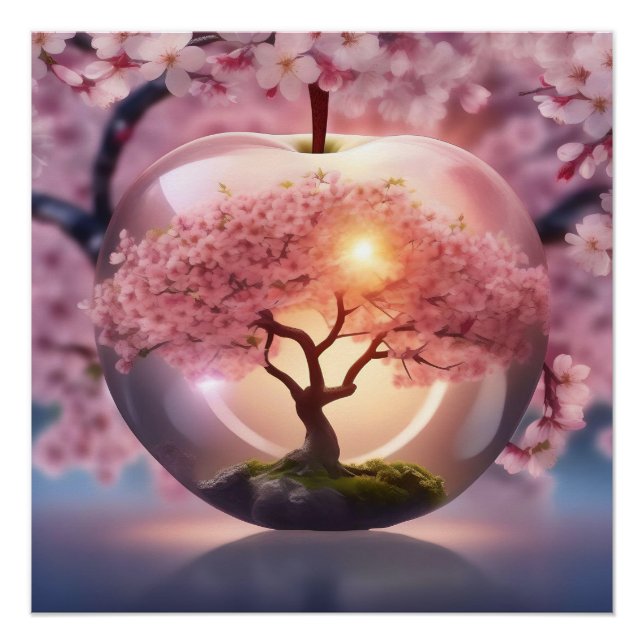 Poster Pomme Translucide Rose Avec Scène Pommier, (Devant)