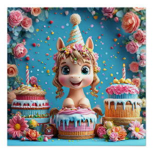 Poster Poney de dessin animé adorable célébrant un annive