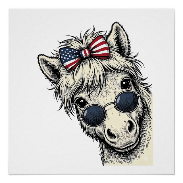 Poster Poney Patriotique Avec Lunettes De Soleil Vintage  (Devant)