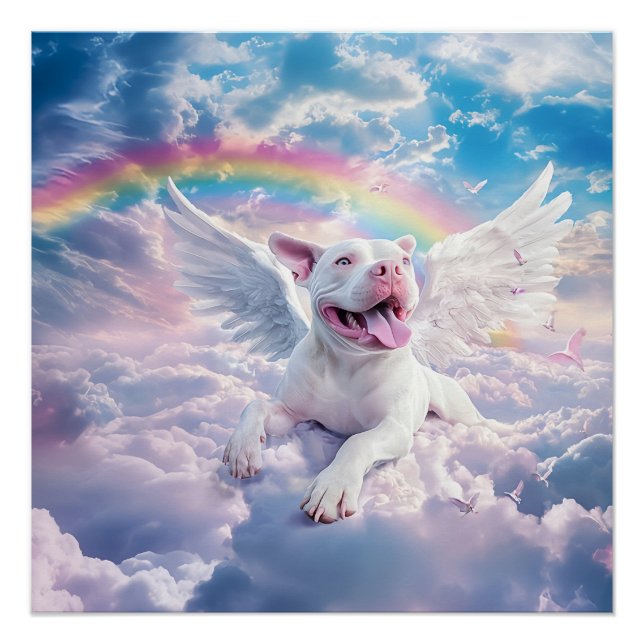 Poster Pont arc-en-ciel, chien blanc au ciel (Devant)