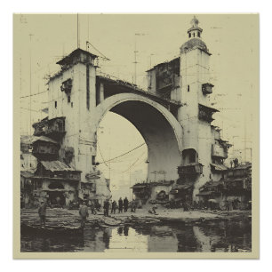 Poster Pont arché vintage sépia Marché de la rivière