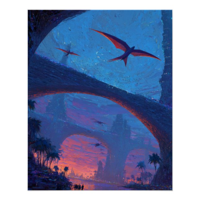 Poster Pont de coucher de soleil du dragon volant Fantast (Devant)
