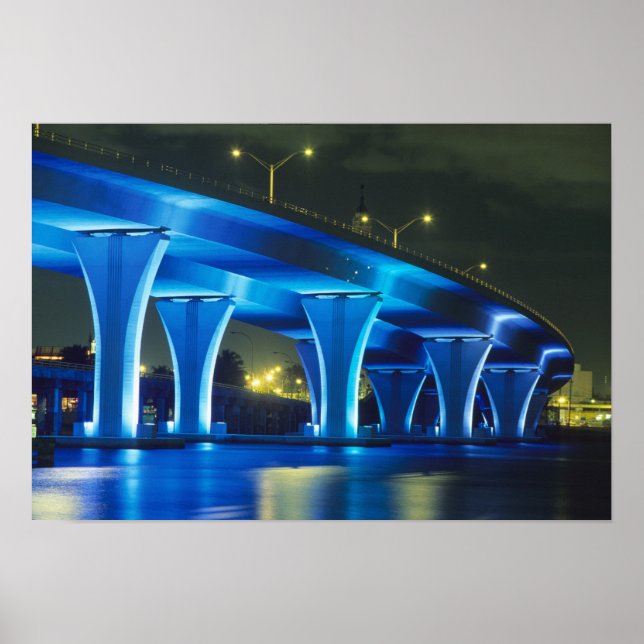 Poster Pont de nuit au port de Miami, Floride (Devant)