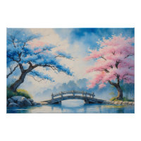 Pont japonais serène avec cerisier en fleurs Paint
