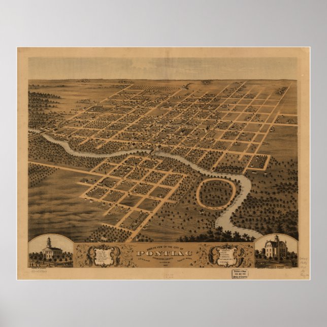 Poster Pontiac Illinois 1869 Antique Panoramic Map (Devant)