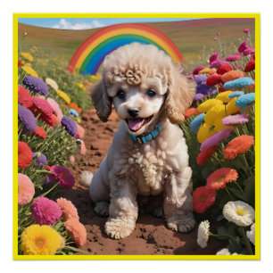 Poster Poodle mignon Fleur colorée et arc-en-ciel