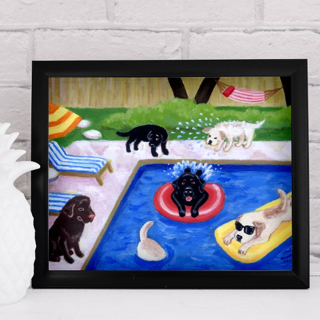 Poster Pool Party Labradors (nouveau) (Pool Party Labradors Poster for Labrador Owners, Beach House.  Whimsical Lab artwork for poolside.)