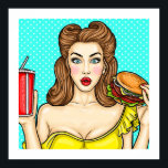 Poster Pop Art Girl with Burger Kitchen 24x24<br><div class="desc">Ce poster/imprimé serait parfait pour une cuisine rétro. Choisissez votre propre taille,  couleur arrière - plan et qualité de papier. Utilisez les outils de cadrage Zazzle pour voir à quoi ressemblera cette image encadrée. Augmentez ou diminuez la bordure selon votre vision.</div>