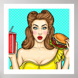 Poster Pop Art Girl with Burger Kitchen 24x24