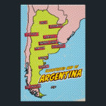 Poster Pop Art Illustré Argentine<br><div class="desc">Cette carte illustrée de l'Argentine est rendue dans un style pop art dynamique. La carte est dessinée en noir et remplie d'une couleur jaune vif,  placée contre un arrière - plan bleu avec un motif pointillé. Les principales villes d'Argentine sont étiquetées en boîtes bleues.</div>