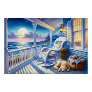 Poster Porche côtier éclairé par la lune avec chien et vu