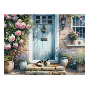 Poster Porche Floral Cottagecore avec Chat Calicot