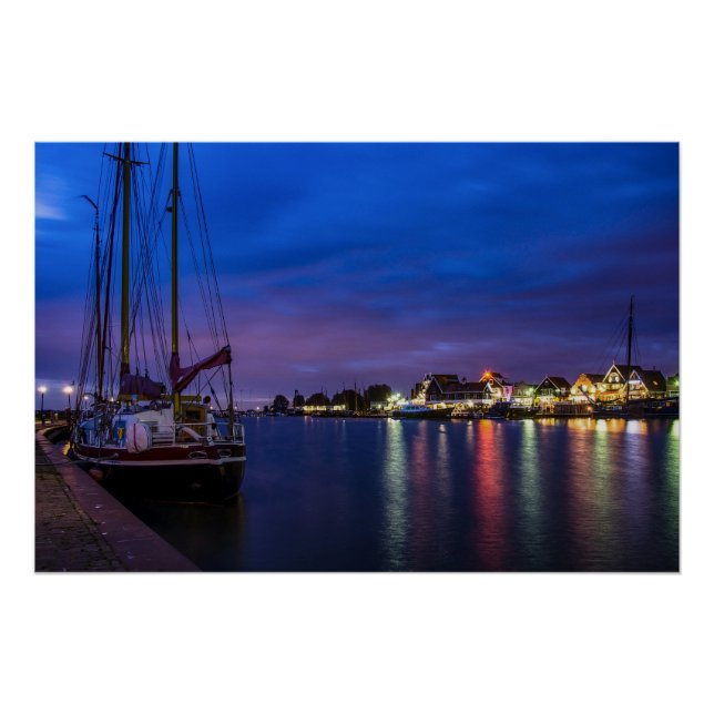 Poster Port de Volendam illuminé la nuit (Devant)