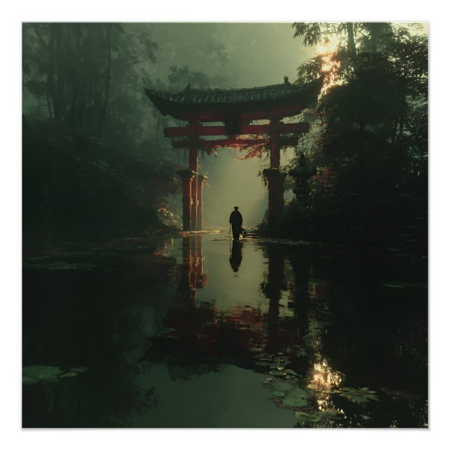 Poster Porte Torii Brumeuse Figure Solitaire à l'Aube (Devant)