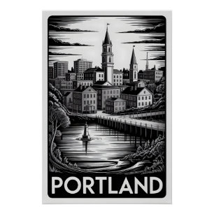 Poster Portland Maine Skyline Noir Blanc Gravure sur Bois