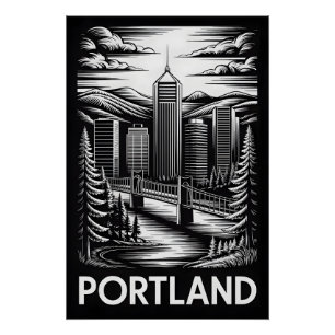 Poster Portland Oregon Skyline Noir Blanc Gravure sur Boi