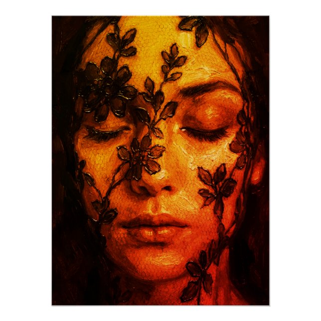Poster Portrait à l'huile texturé d'une femme avec dentel (Devant)