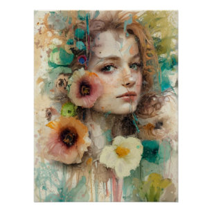 Poster Portrait Abstrait de femme de fleurs