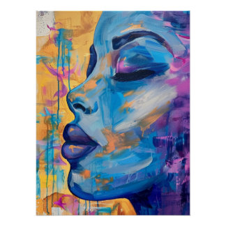 Poster Portrait Bleu Expressif Peinture Acrylique