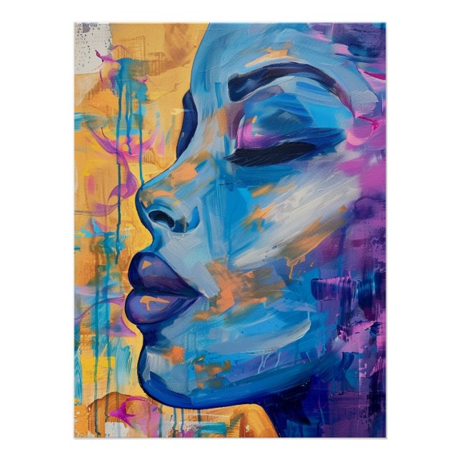 Poster Portrait Bleu Expressif Peinture Acrylique (Devant)