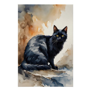 Poster Portrait d'aquarelle de poitrine de chat noir
