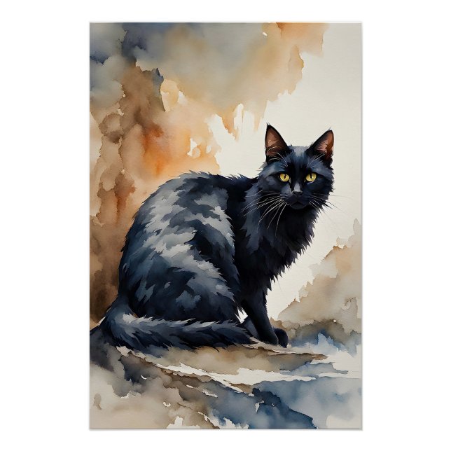 Poster Portrait d'aquarelle de poitrine de chat noir (Devant)