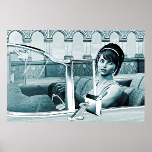 Poster Portrait d'art de femme glamour bleu vintage