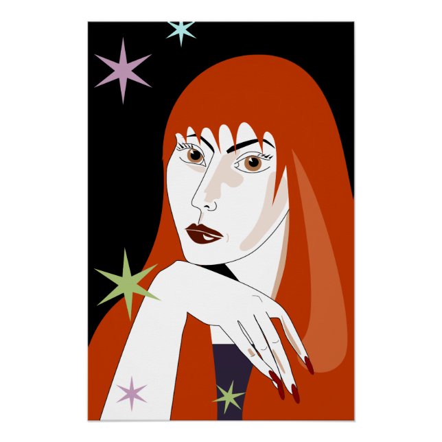 Poster Portrait d'art de femme rousse rétro à la mode (Devant)