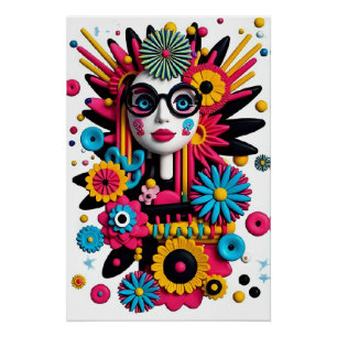 Poster Portrait d'art pop 3D - Femme Abstraite colorée av