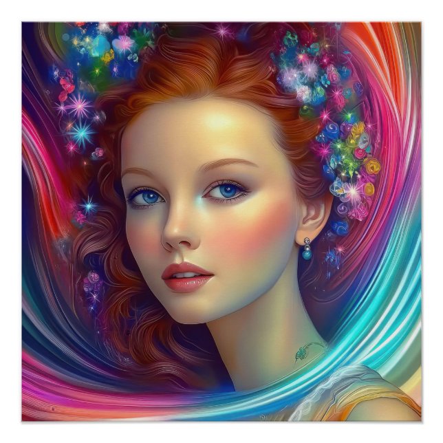 Poster Portrait de cheveux arc-en-ciel enchanté (Devant)