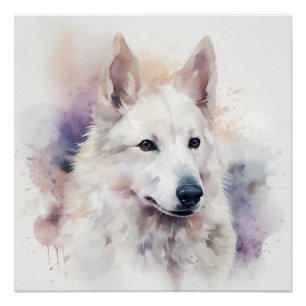 Poster Portrait de chien blanc avec lavis de lavande doux