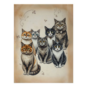 Poster Portrait de famille de chats d'inspiration vintage
