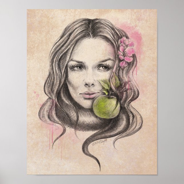 Poster Portrait de femme avec pomme et fleur Art Surreal (Devant)