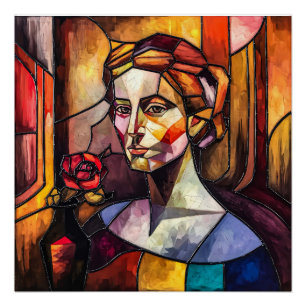 Poster Portrait de femme en verre Abstrait avec Rose
