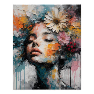 Poster Portrait de femme floral abstrait de luxe sur toil