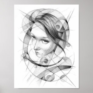 Poster Portrait de fille Dessin d'art Lignes de cercles g