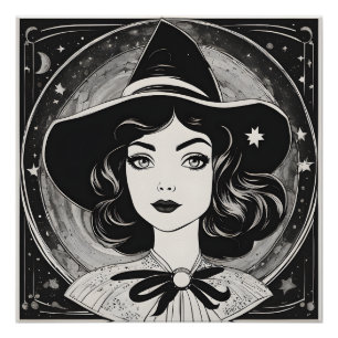 Poster Portrait de sorcière vintage noir et blanc rétro