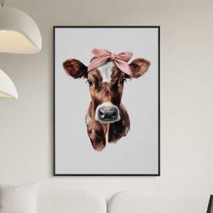 Poster Portrait de vache marron et blanc avec un nœud ros
